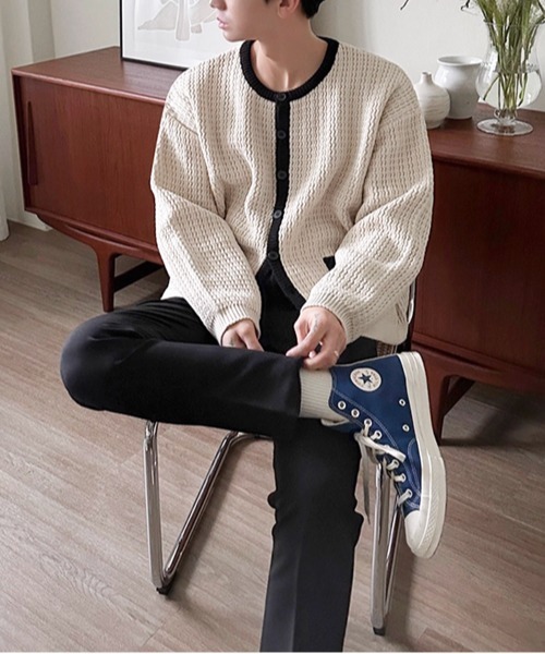 NOWLE（ノウル）の「【NOWLE】バイカラー パイピング ニット カーディガン（カーディガン/ボレロ・メンズ・オフホワイト・MEDIUM/LARGE/X-LARGE）」の3枚目の写真