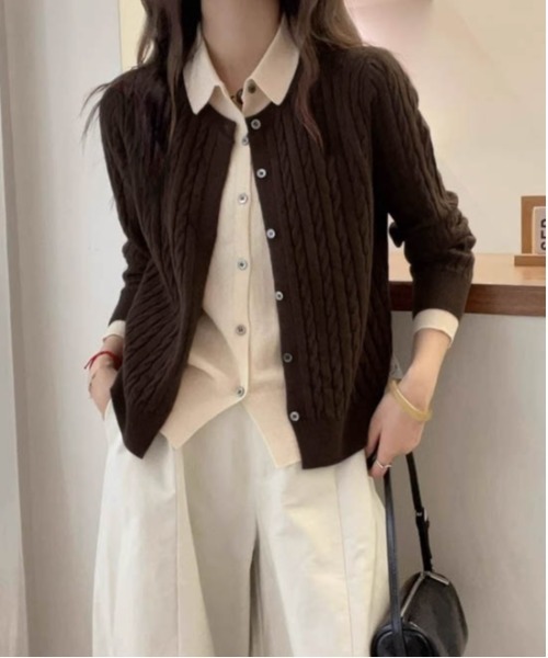 AMELY（エミリー）の「レイヤード風バイカラーニットカーディガン（カーディガン/ボレロ・レディース・チャコール/ネイビー/ブラウン/グレー・フリー）」の3枚目の写真