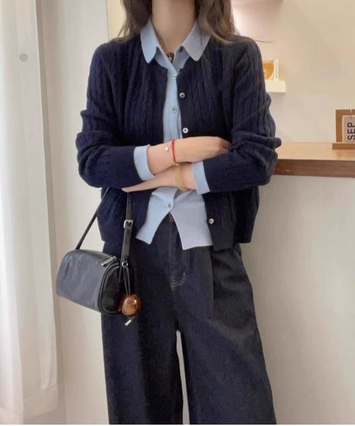 AMELY（エミリー）の「レイヤード風バイカラーニットカーディガン（カーディガン/ボレロ・レディース・チャコール/ネイビー/ブラウン/グレー・フリー）」の12枚目の写真