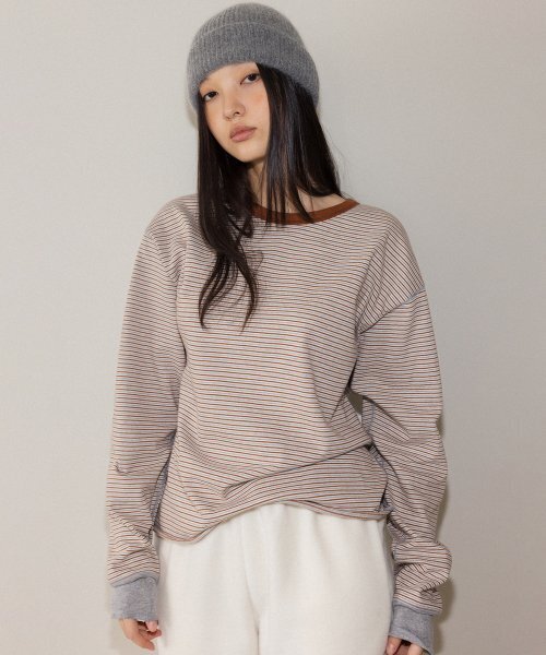 ANDNEEDS(アンドニーズ)の「Stripe loose long sleeve (brown)(Tシャツ/カットソー・レディース・その他・FREE)」の1枚目の写真