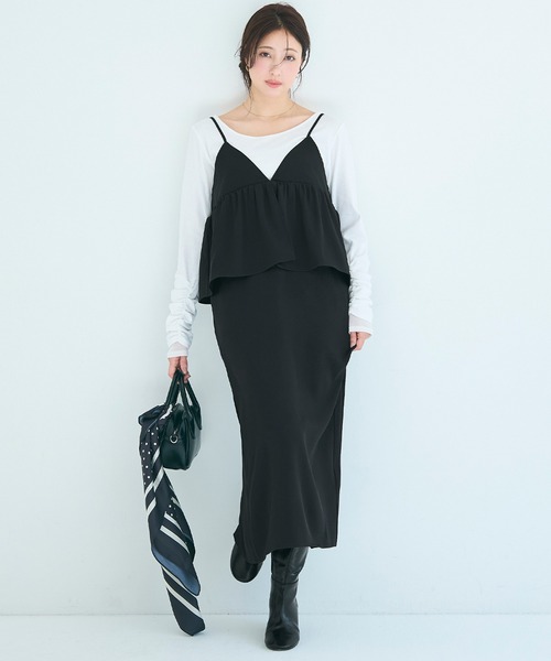 coca(coca)(コカ)の「ペプラムキャミソールワンピース(ワンピース・レディース・ブラック/チャコール・L/M/S)」の1枚目の写真