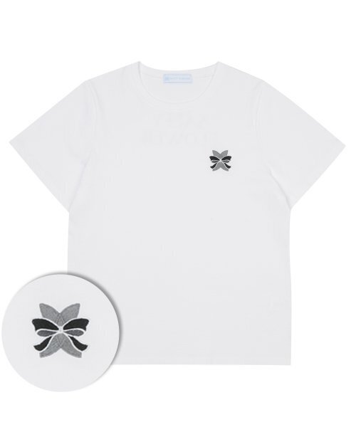 SALTY FLOWER(ソルティフラワー)の「ブラックリボン刺繍シグネチャー半袖ホワイト(Tシャツ/カットソー・レディース・その他・FREE)」の1枚目の写真
