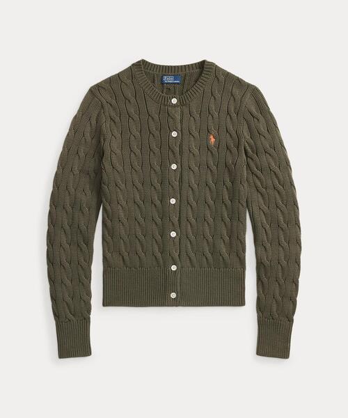 ラルフローレン　コットンケーブルカーディガン　ワンポイント刺繍　緑 ケーブルニット コットン クルーネック カーディガン（カーディガン