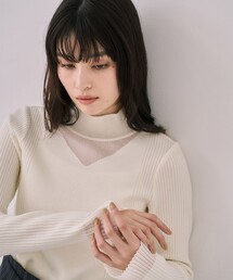 【残りわずか!】クリアコンビVネックニットプルオーバー|オフィスカジュアル/シアー/毛玉防止/細見え/冬服