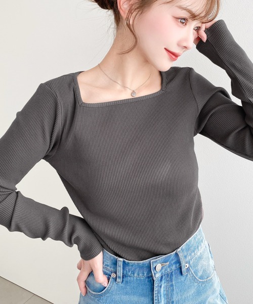 セール】デコルテスクエアネック長袖リブトップス（Tシャツ/カットソー