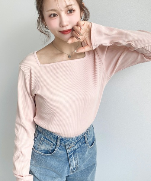 セール】デコルテスクエアネック長袖リブトップス（Tシャツ/カットソー