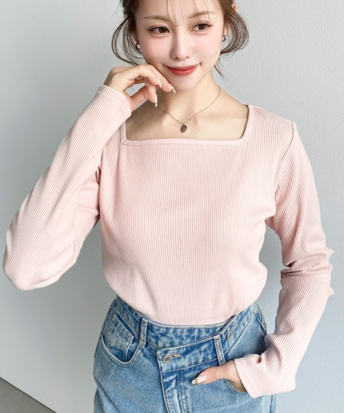 デコルテスクエアネック長袖リブトップス（Tシャツ/カットソー