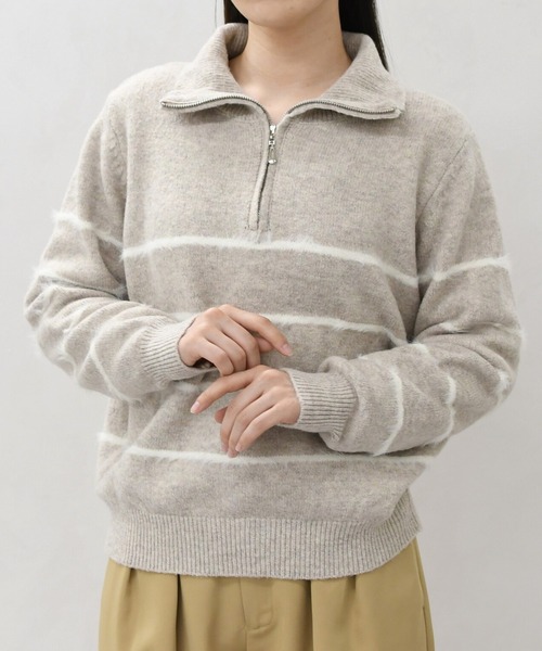 31 Sons de mode(トランテアン ソン ドゥ モード)の「配色ボーダーハーフジップニット(ニット/セーター・レディース・ベージュ/チャコールグレー・フリ-)」の5枚目の写真