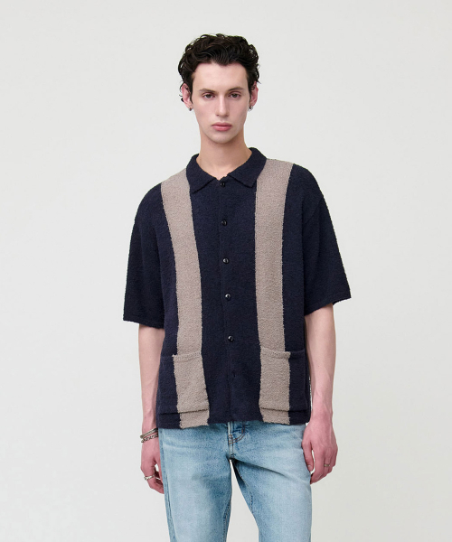 Rocaberry short sleeve relaxed knit cardigan — нейви/серый