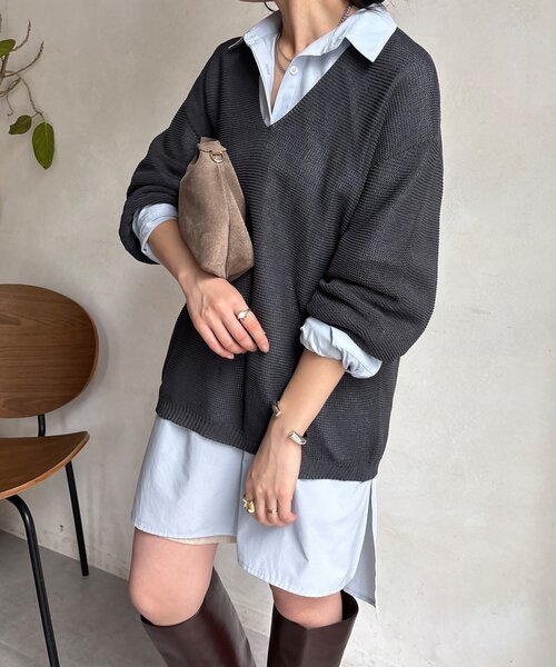 DouDou（ドゥドゥ）の「ガーター深Vプルオーバー（ニット/セーター・レディース・ブルー/ベージュ/チャコールグレー・FREE）」の2枚目の写真