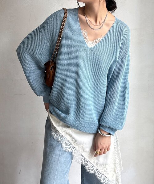 DouDou（ドゥドゥ）の「ガーター深Vプルオーバー（ニット/セーター・レディース・ブルー/ベージュ/チャコールグレー・FREE）」の3枚目の写真