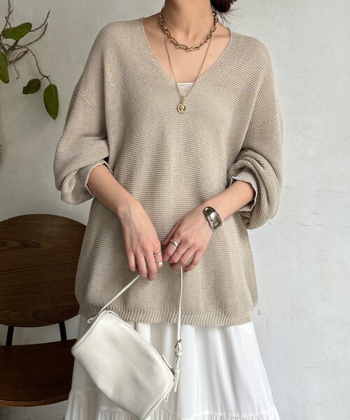 DouDou（ドゥドゥ）の「ガーター深Vプルオーバー（ニット/セーター・レディース・ブルー/ベージュ/チャコールグレー・FREE）」の7枚目の写真