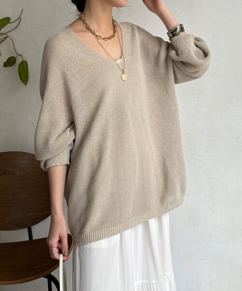 DouDou（ドゥドゥ）の「ガーター深Vプルオーバー（ニット/セーター・レディース・ブルー/ベージュ/チャコールグレー・FREE）」の8枚目の写真