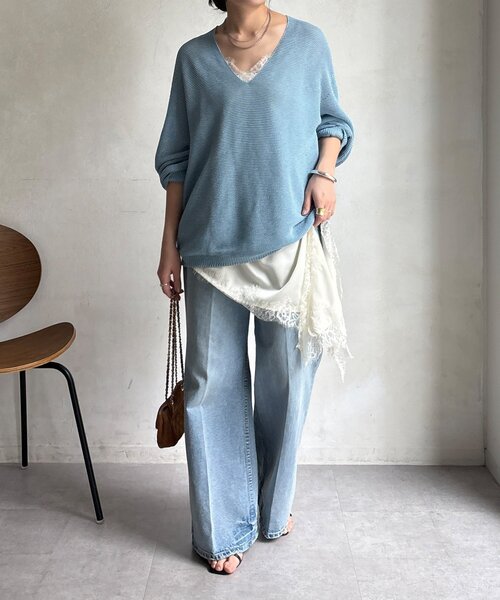 DouDou（ドゥドゥ）の「ガーター深Vプルオーバー（ニット/セーター・レディース・ブルー/ベージュ/チャコールグレー・FREE）」の12枚目の写真