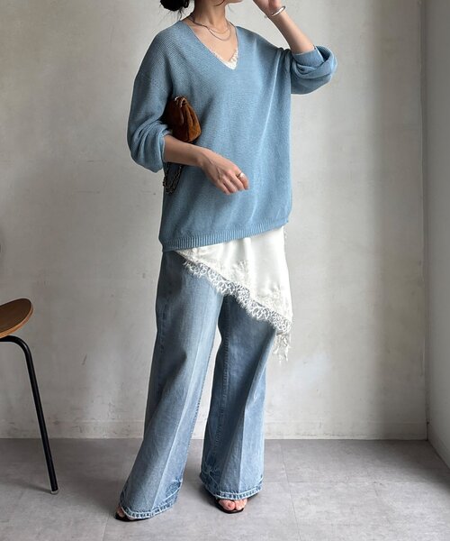 DouDou（ドゥドゥ）の「ガーター深Vプルオーバー（ニット/セーター・レディース・ブルー/ベージュ/チャコールグレー・FREE）」の14枚目の写真