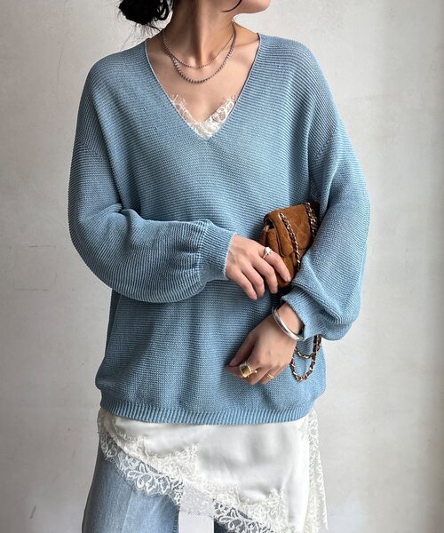 DouDou（ドゥドゥ）の「ガーター深Vプルオーバー（ニット/セーター・レディース・ブルー/ベージュ/チャコールグレー・FREE）」の18枚目の写真