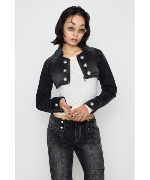 LAGUA GEM(ラグアジェム)の「CROPPED EYELET DENIM ジャケット(デニムジャケット・レディース・ブラック/ブルー・SMALL/MEDIUM)」の3枚目の写真