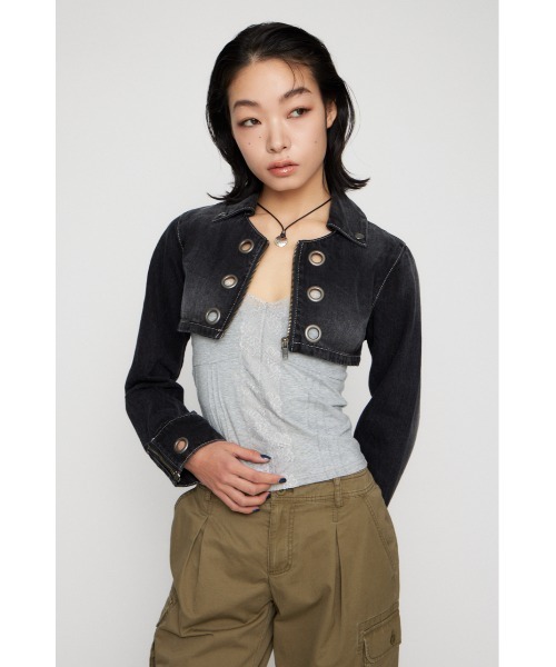 LAGUA GEM（ラグアジェム）の「CROPPED EYELET DENIM ジャケット（デニムジャケット・レディース・ブラック/ブルー・SMALL/MEDIUM）」の3枚目の写真