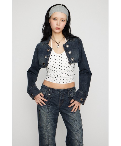 LAGUA GEM（ラグアジェム）の「CROPPED EYELET DENIM ジャケット（デニムジャケット・レディース・ブラック/ブルー・SMALL/MEDIUM）」の7枚目の写真