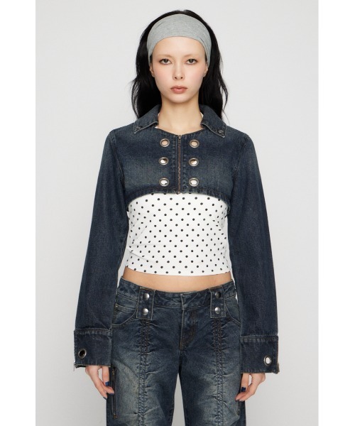 LAGUA GEM（ラグアジェム）の「CROPPED EYELET DENIM ジャケット（デニムジャケット・レディース・ブラック/ブルー・SMALL/MEDIUM）」の10枚目の写真