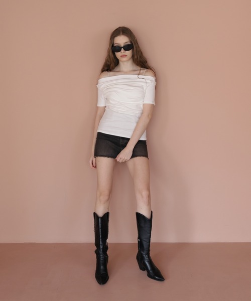 Mili affinity(ミリアフィニティー)の「オフショルギャザータック半袖プルオーバー(Tシャツ/カットソー・レディース・杢グレー/ピンク/オフホワイト・FREE)」の14枚目の写真