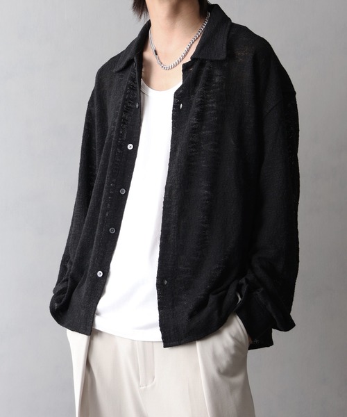 welise(ウェライズ)の「【welise/ウェライズ】スプリングシアーツイード 長袖 ショート ニットシャツ(シャツ/ブラウス・メンズ・ブラック/ブラック×ホワイト・S/M/L)」の1枚目の写真