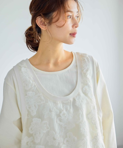 studio CLIP（スタディオクリップ）の「フラワージャガードタンクトップセットプルオーバー（Tシャツ/カットソー・レディース・オフホワイト/ブラック・FREE）」の3枚目の写真