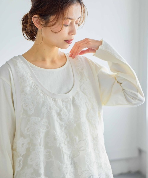 studio CLIP（スタディオクリップ）の「フラワージャガードタンクトップセットプルオーバー（Tシャツ/カットソー・レディース・オフホワイト/ブラック・FREE）」の4枚目の写真