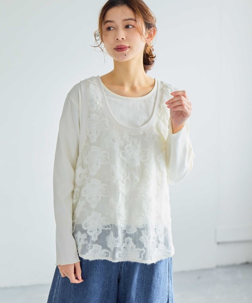 studio CLIP（スタディオクリップ）の「フラワージャガードタンクトップセットプルオーバー（Tシャツ/カットソー・レディース・オフホワイト/ブラック・FREE）」の9枚目の写真