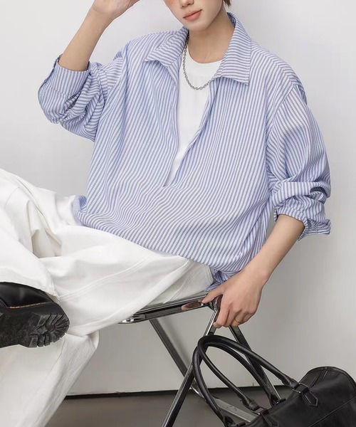 TOBEE（トゥビー）の「【TOBEE】Tシャツセット風 ルーズシルエット ストライププルオーバー（シャツ/ブラウス・メンズ・ブルー/ホワイト・MEDIUM/XX-LARGE/X-LARGE/LARGE）」の13枚目の写真