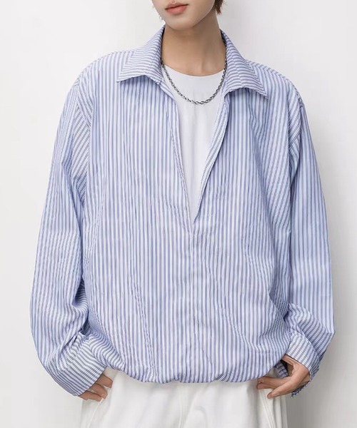 TOBEE（トゥビー）の「【TOBEE】Tシャツセット風 ルーズシルエット ストライププルオーバー（シャツ/ブラウス・メンズ・ブルー/ホワイト・MEDIUM/XX-LARGE/X-LARGE/LARGE）」の14枚目の写真