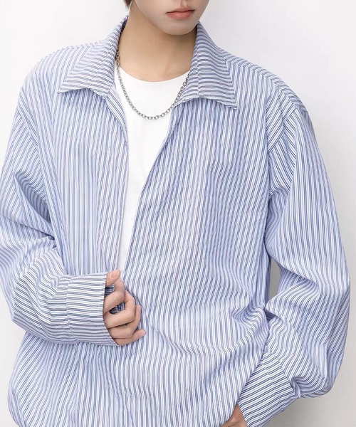 TOBEE（トゥビー）の「【TOBEE】Tシャツセット風 ルーズシルエット ストライププルオーバー（シャツ/ブラウス・メンズ・ブルー/ホワイト・MEDIUM/XX-LARGE/X-LARGE/LARGE）」の15枚目の写真