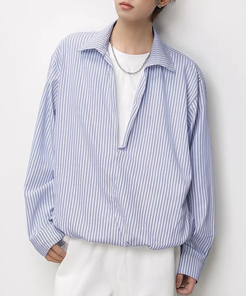 TOBEE（トゥビー）の「【TOBEE】Tシャツセット風 ルーズシルエット ストライププルオーバー（シャツ/ブラウス・メンズ・ブルー/ホワイト・MEDIUM/XX-LARGE/X-LARGE/LARGE）」の16枚目の写真