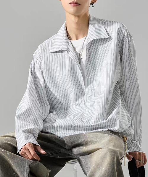 TOBEE（トゥビー）の「【TOBEE】Tシャツセット風 ルーズシルエット ストライププルオーバー（シャツ/ブラウス・メンズ・ブルー/ホワイト・MEDIUM/XX-LARGE/X-LARGE/LARGE）」の11枚目の写真