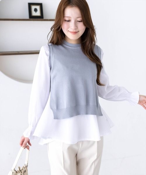 CLEAR BASIC（クリアベーシック）の「ニットベスト＆裾フリルブラウスセット[オフィスカジュアル レイヤード]≪新作≫（シャツ/ブラウス・レディース・ブラック/グレー/ネイビー・F）」の3枚目の写真