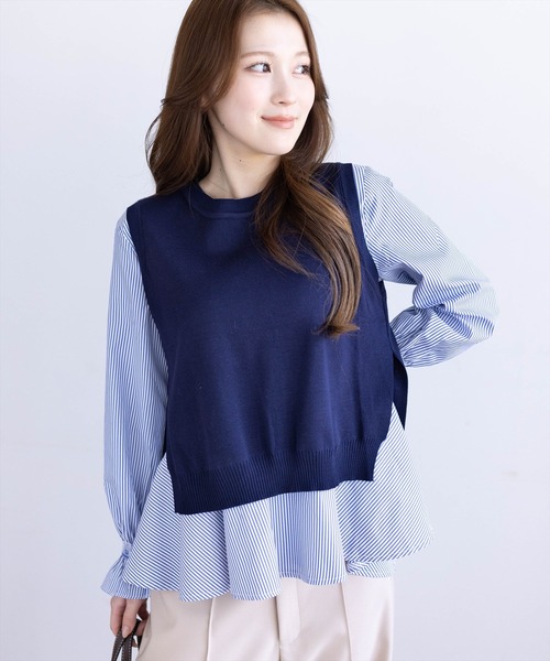 CLEAR BASIC（クリアベーシック）の「ニットベスト＆裾フリルブラウスセット[オフィスカジュアル レイヤード]≪新作≫（シャツ/ブラウス・レディース・ブラック/グレー/ネイビー・F）」の18枚目の写真