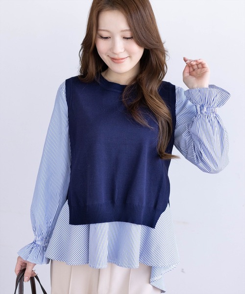 CLEAR BASIC（クリアベーシック）の「ニットベスト＆裾フリルブラウスセット[オフィスカジュアル レイヤード]≪新作≫（シャツ/ブラウス・レディース・ブラック/グレー/ネイビー・F）」の19枚目の写真