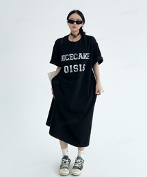 Dalfwin | 韓国ファッション RICECAKEかすれロゴロング丈半袖Tシャツワンピース(ワンピース)