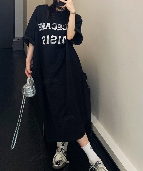 Dalfwin（ダールフィン）の「韓国ファッション RICECAKEかすれロゴロング丈半袖Tシャツワンピース（ワンピース・レディース・ブラック/グレー・FREE）」の8枚目の写真