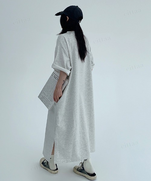 Dalfwin（ダールフィン）の「韓国ファッション RICECAKEかすれロゴロング丈半袖Tシャツワンピース（ワンピース・レディース・ブラック/グレー・FREE）」の12枚目の写真