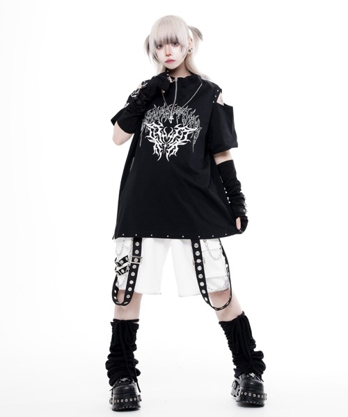 TRAVAS TOKYO(トラバス トウキョウ)の「『TRAVAS TOKYO/トラバス トーキョー』肩あきZIPデザインTシャツ(Tシャツ/カットソー・レディース・ホワイト/ブラック・FREE)」の3枚目の写真