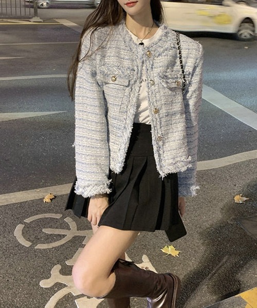 Nia(ニア)の「Nia(ニア)/ノーカラーツイードジャケット(ノーカラージャケット・レディース・ホワイト/ピンク/ブルー・MEDIUM/SMALL)」の3枚目の写真
