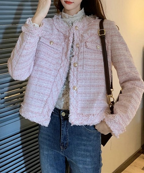 Nia(ニア)の「Nia(ニア)/ノーカラーツイードジャケット(ノーカラージャケット・レディース・ホワイト/ピンク/ブルー・MEDIUM/SMALL)」の12枚目の写真