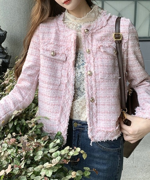 Nia(ニア)の「Nia(ニア)/ノーカラーツイードジャケット(ノーカラージャケット・レディース・ホワイト/ピンク/ブルー・MEDIUM/SMALL)」の13枚目の写真