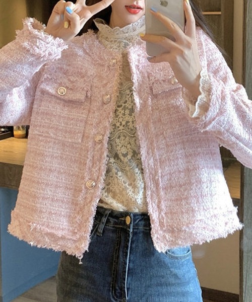Nia(ニア)の「Nia(ニア)/ノーカラーツイードジャケット(ノーカラージャケット・レディース・ホワイト/ピンク/ブルー・MEDIUM/SMALL)」の15枚目の写真
