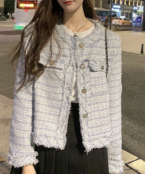 Nia(ニア)の「Nia(ニア)/ノーカラーツイードジャケット(ノーカラージャケット・レディース・ホワイト/ピンク/ブルー・MEDIUM/SMALL)」の16枚目の写真
