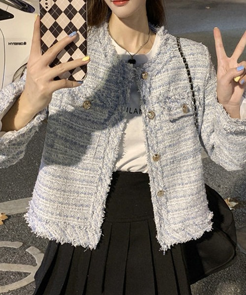 Nia(ニア)の「Nia(ニア)/ノーカラーツイードジャケット(ノーカラージャケット・レディース・ホワイト/ピンク/ブルー・MEDIUM/SMALL)」の4枚目の写真