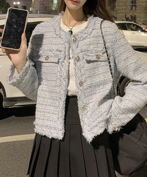 Nia(ニア)の「Nia(ニア)/ノーカラーツイードジャケット(ノーカラージャケット・レディース・ホワイト/ピンク/ブルー・MEDIUM/SMALL)」の5枚目の写真