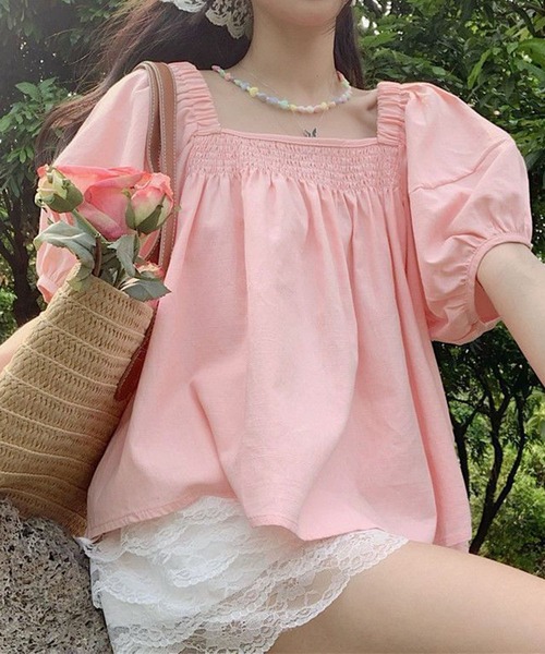 GLAMOROUS JANE(グラマラスジェーン)の「パフスリーブ半袖ギャザーブラウス(シャツ/ブラウス・レディース・ピンク/イエロー・FREE)」の2枚目の写真