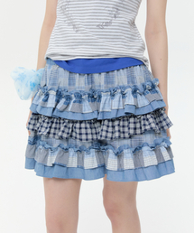 Mixed Fabric Tiered Skirt [Blue]